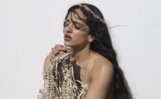 Rosalía poses with skeletal gloves in a press shot promoting Lux